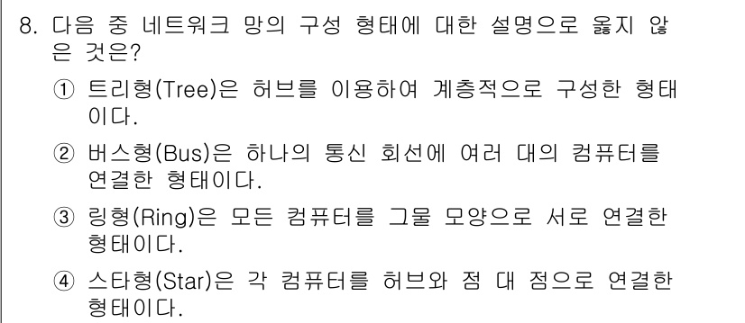 컴퓨터활용능력_1급 2017년 8번 - 링형(Ring) 구조는 각 컴퓨터가 서로 연결되어 데이터를 순환하는 형태... 에 관한 핵심 기출문제