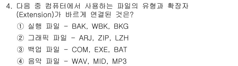 워드프로세서_(구_1급) 2017년 4번 - 실행 파일의 확장자는 일반적으로 COM, EXE, BAT 형태로 나타나며... 에 관한 핵심 기출문제
