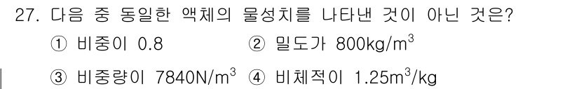 소방설비기사(기계분야) 2017년 27번 - 주어진 네 가지 중에서 비중이 0.8인 물질은 밀도가 800kg/m³이므... 에 관한 핵심 기출문제