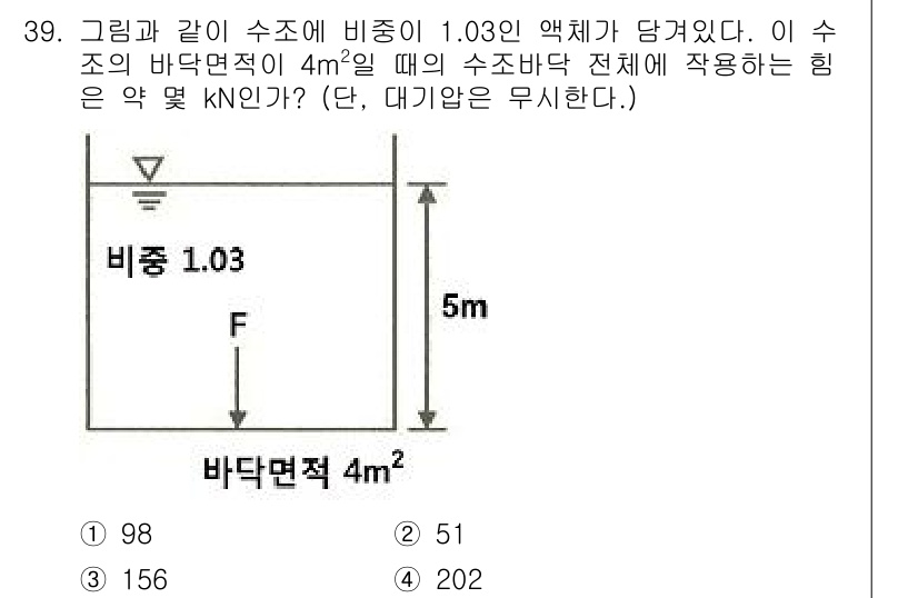 소방설비기사(기계분야) 2017년 39번 - 수조의 비중이 1.03이므로, 수조 내부의 압력은 비중 × 깊이 × 중력... 에 관한 핵심 기출문제