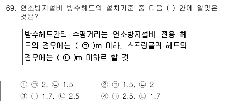 소방설비기사(기계분야) 2017년 69번 - 소방헤드간의 수평거리는 연소방지설비의 설계기준에 따라 정해지며, 일반적으... 에 관한 핵심 기출문제