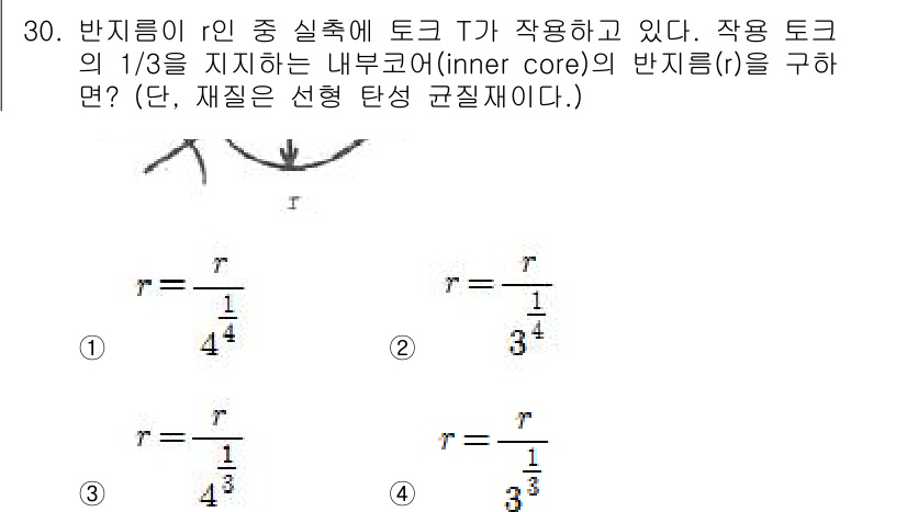 용접기사 2015년 30번 - 주어진 문제는 내부 코어의 반지름을 구하는 것입니다. 작업 토크의 1/3... 에 관한 핵심 기출문제