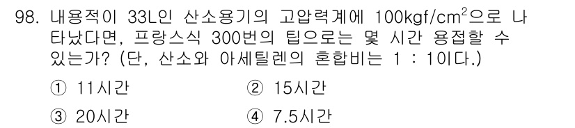 용접기사 2015년 98번 - 주어진 압력과 혼합비율을 고려할 때, 고압하에서 산소와 아세틸렌의 혼합비... 에 관한 핵심 기출문제