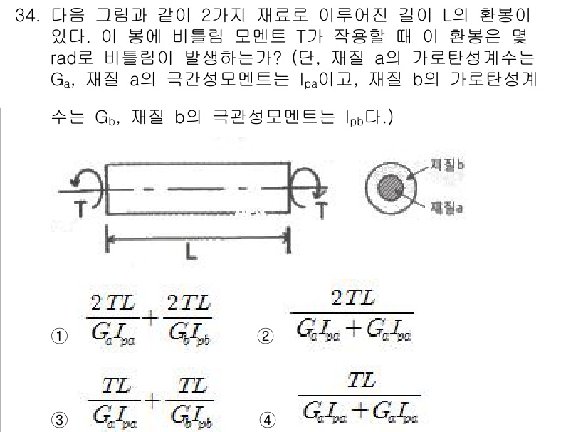 용접기사 2017년 34번 - 문제에서 주어진 유도로부터 비틀림 모멘트 \(T\)가 주어진 재질의 극단... 에 관한 핵심 기출문제