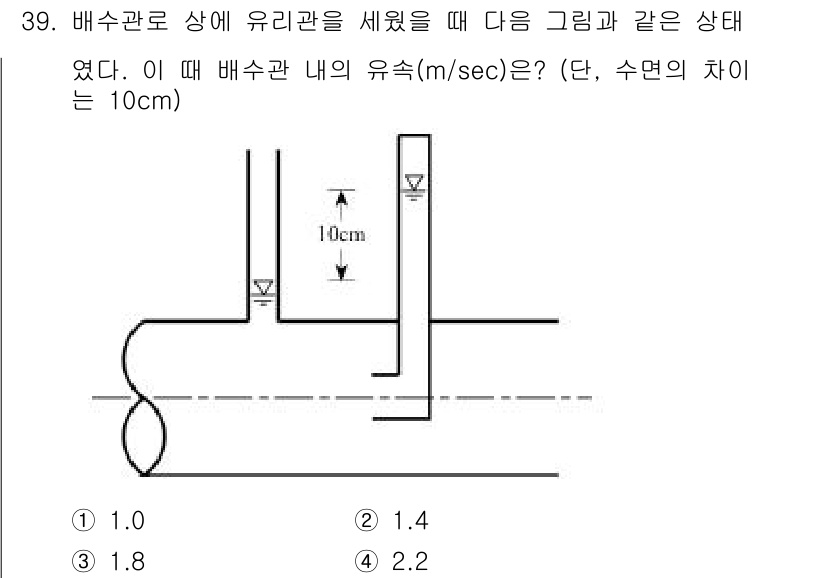 수질환경기사 2016년 41번 - 배수관의 유속을 구하기 위해서는 연속 방정식을 적용하여야 한다. 주어진 ... 에 관한 핵심 기출문제