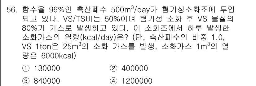 수질환경기사 2016년 58번 - 소화조에서 발생하는 소화가스의 열량을 계산하기 위해, VS의 발생량과 에... 에 관한 핵심 기출문제