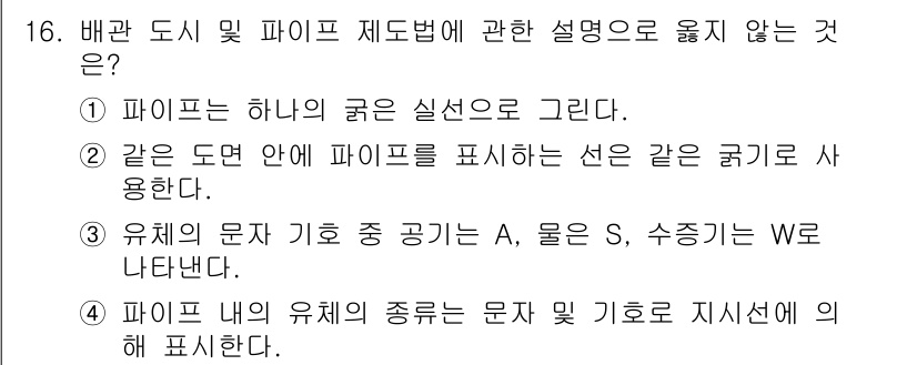 설비보전기능사 2015년 16번 - . 파이프는 하나의 굴은 실선으로 그린다.

해설: 파이프의 도면에서 굴... 에 관한 핵심 기출문제