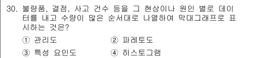 설비보전기능사 2016년 30번 - 정답은 3번 히스토그램입니다. 히스토그램은 불량품, 결점, 사고 건수 등... 에 관한 핵심 기출문제