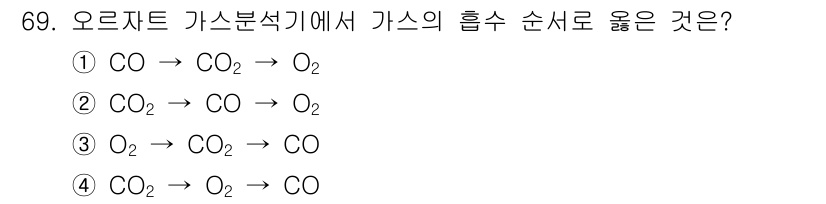 가스산업기사 2016년 69번 - 정답 4번입니다. 오르가진 가스분석기에서 가스의 흡수 순서는 반응의 화학... 에 관한 핵심 기출문제