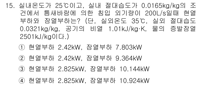 공조냉동기계산업기사 2015년 15번 - 문제에서 주어진 조건에 따라, 열역학 제1법칙을 적용하여 열량을 계산합니... 에 관한 핵심 기출문제