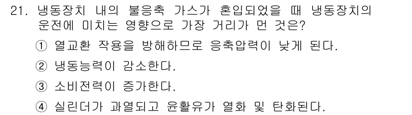 공조냉동기계산업기사 2015년 21번 - 냉동장치 내 불용축 가스가 혼입되면 열교환 효율이 저하되어 압축기 출구의... 에 관한 핵심 기출문제