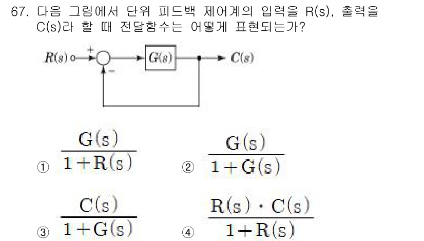 공조냉동기계산업기사 2017년 67번 - 주어진 시스템은 피드백 루프를 갖춘 제어 시스템입니다. 입력 R(s)와 ... 에 관한 핵심 기출문제