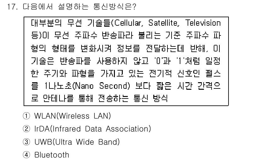 네트워크관리사_1급 2017년 17번 - 정답은 4번 Bluetooth입니다. Bluetooth는 근거리 무선 통... 에 관한 핵심 기출문제