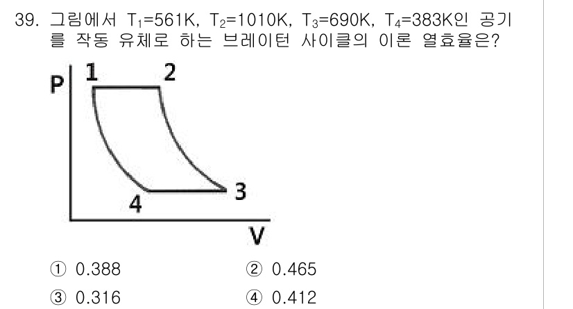 자동차정비기사 2016년 39번 - 이 문제에서는 주어진 온도와 압력의 관계를 이용하여 브레이튼 사이클의 이... 에 관한 핵심 기출문제