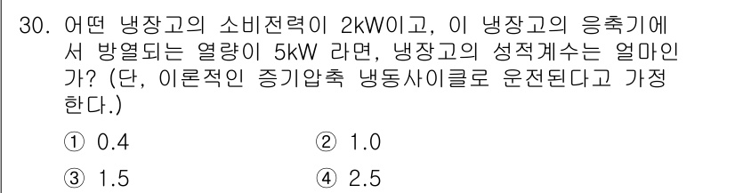 자동차정비기사 2017년 30번 - 냉장고의 성적계수(COP)는 냉장고의 방열량과 소비전력을 비교한 값입니다... 에 관한 핵심 기출문제