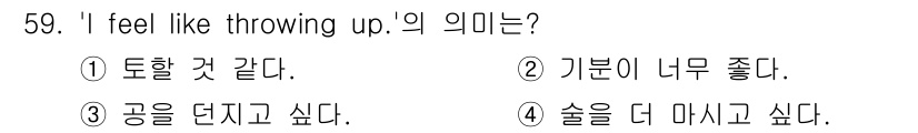 조주기능사 2015년 59번 - . 'I feel like throwing up'는 구토를 하고 싶다는 ... 에 관한 핵심 기출문제