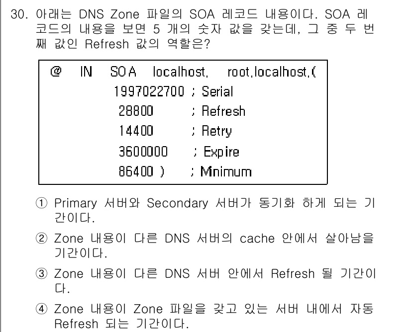 인터넷보안전문가_2급 2017년 30번 - Refresh 값은 Secondary 서버가 주기적으로 Primary 서... 에 관한 핵심 기출문제