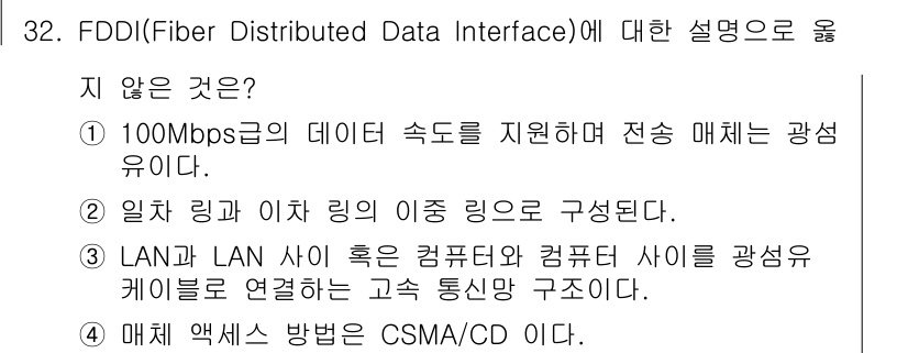 인터넷보안전문가_2급 2017년 32번 - . 

FDDI는 최대 100Mbps의 데이터 속도를 지원하지만, 100... 에 관한 핵심 기출문제