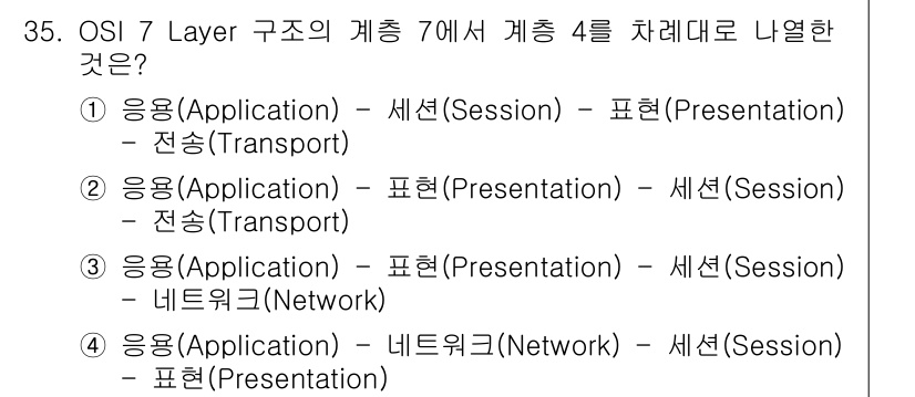 인터넷보안전문가_2급 2017년 35번 - . OSI 7 Layer 구조에서 계층 4는 전송(Transport) 계... 에 관한 핵심 기출문제