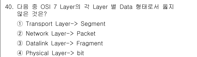 인터넷보안전문가_2급 2017년 40번 - 정답은 5입니다. Physical Layer는 비트(bit) 단위를 다루... 에 관한 핵심 기출문제