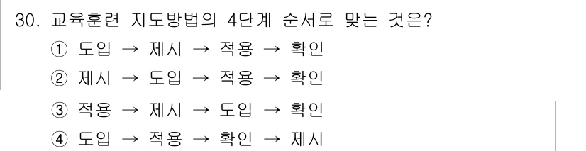 건설안전기사 2017년 30번 - 교육훈련 지도방법은 일반적으로 "적용" 후 "재시"를 통해 교육 내용을 ... 에 관한 핵심 기출문제