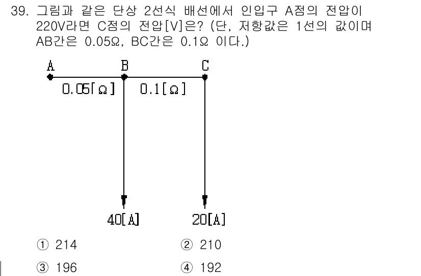 전기산업기사 2017년 39번 - 주어진 회로에서 A지점의 전압을 구하기 위해 선의 저항과 전류를 고려해야... 에 관한 핵심 기출문제