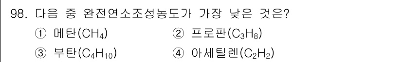산업안전기사 2017년 98번 - 정답이 4번인 이유는 아세틸렌(C₂H₂)이 다른 선택지들에 비해 가장 낮... 에 관한 핵심 기출문제