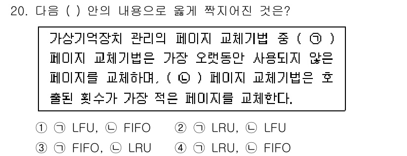 컴퓨터시스템기사(B형) 2016년 20번 - 문제에서 언급된 페이지 교체 알고리즘 중 "가상 기억장치 관리의 페이지 ... 에 관한 핵심 기출문제
