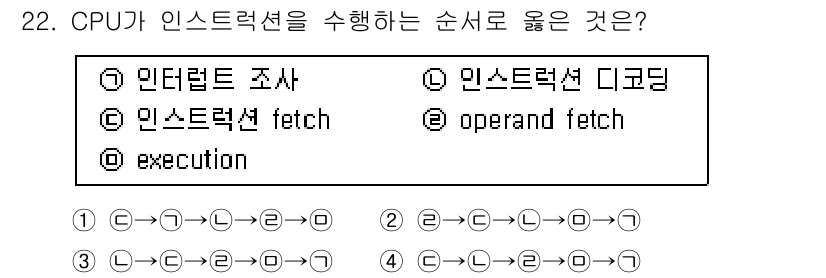 컴퓨터시스템기사(B형) 2016년 22번 - CPU가 인스트럭션을 수행하는 순서는 다음과 같아야 합니다: 1) 인덱터... 에 관한 핵심 기출문제