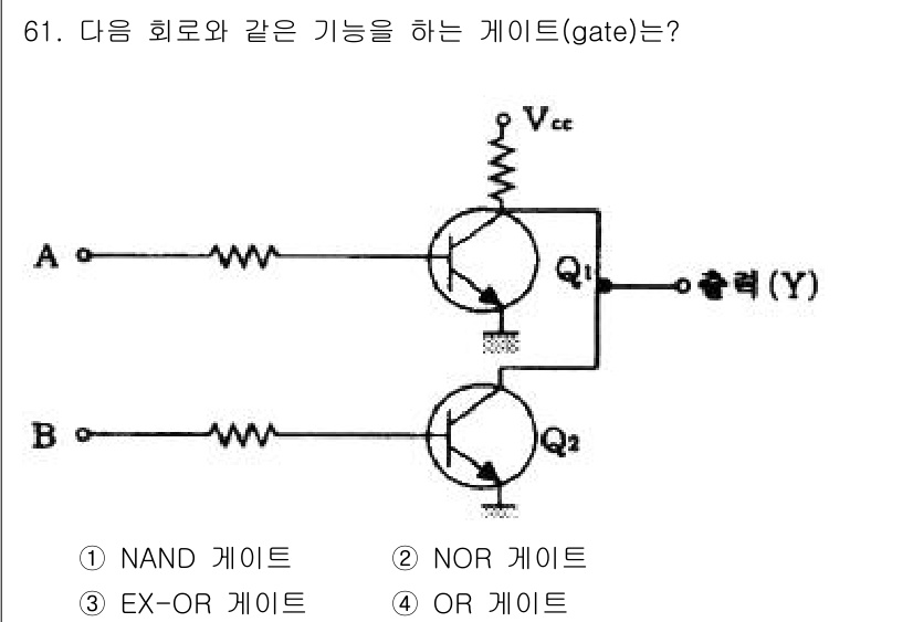컴퓨터시스템기사(B형) 2016년 61번 - 주어진 회로는 두 개의 트랜지스터 Q1과 Q2가 직렬로 연결되어 있으며,... 에 관한 핵심 기출문제