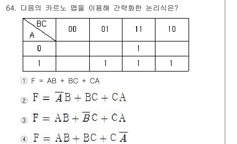 컴퓨터시스템기사(B형) 2016년 64번 - 주어진 카르노 맵에서 F의 출력은 특정 입력 조합에 따라 결정됩니다. 각... 에 관한 핵심 기출문제