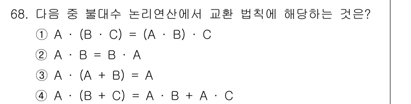 컴퓨터시스템기사(B형) 2016년 68번 - 정답 2번 \( A \cdot B = B \cdot A \)는 교환 법칙... 에 관한 핵심 기출문제