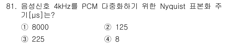 컴퓨터시스템기사(B형) 2016년 81번 - PCM 디지털화에서 Nyquist 주파수는 신호의 최대 주파수의 두 배로... 에 관한 핵심 기출문제