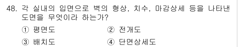 전산응용건축제도기능사 2016년 48번 - 각 실내의 입면도로 벽의 형상, 치수, 마감상세 등을 나타내는 도면은 단... 에 관한 핵심 기출문제