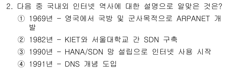 인터넷정보관리사_2급 2016년 2번 - ARPANET은 군사적 목적을 위해 개발된 최초의 패킷 교환 네트워크로,... 에 관한 핵심 기출문제