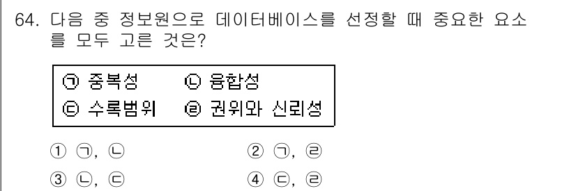 인터넷정보관리사_2급 2016년 64번 - 데이터베이스를 선택할 때 중복성, 유합성, 수록범위, 권위와 신뢰성이 모... 에 관한 핵심 기출문제