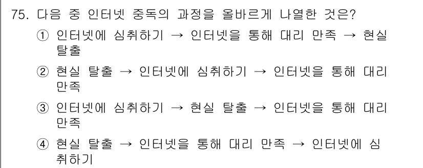 인터넷정보관리사_2급 2016년 75번 - 정답 4번은 '현실 탈출 → 인터넷을 통해 대리 만족 → 인터넷에서 심취... 에 관한 핵심 기출문제