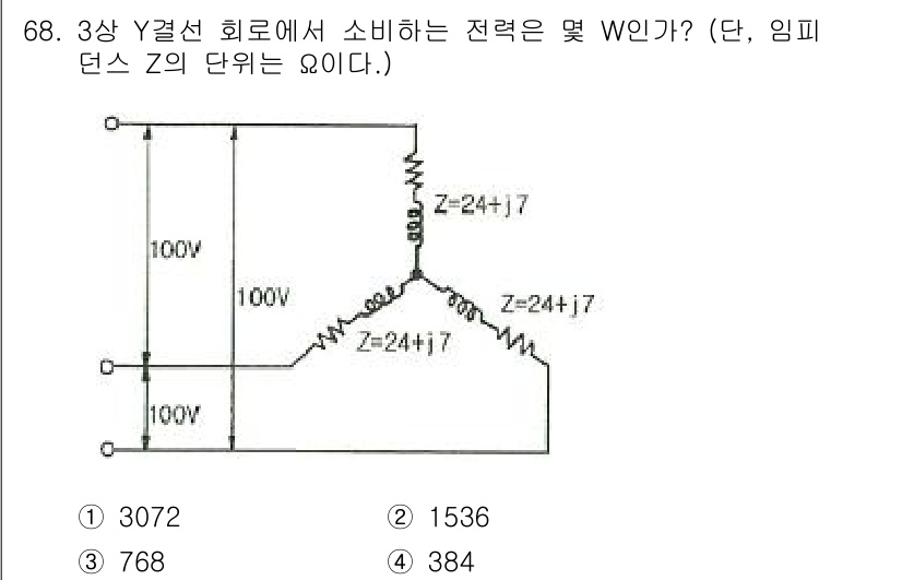 전기공사산업기사 2015년 68번 - 이 문제는 Y결선 회로에서 소비하는 전력을 계산하는 것입니다. 주어진 임... 에 관한 핵심 기출문제