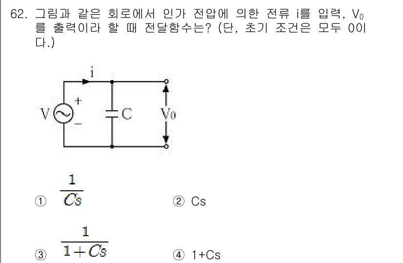 전기공사산업기사 2016년 62번 - 전기회로에서 입력 전압 \( V_0 \)와 전류 \( i \)의 관계를 ... 에 관한 핵심 기출문제