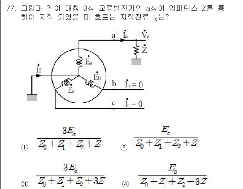전기공사산업기사 2016년 77번 - 주어진 회로에서 임피던스 Z에 따른 전압을 고려하면, 지락 전류는 회로의... 에 관한 핵심 기출문제