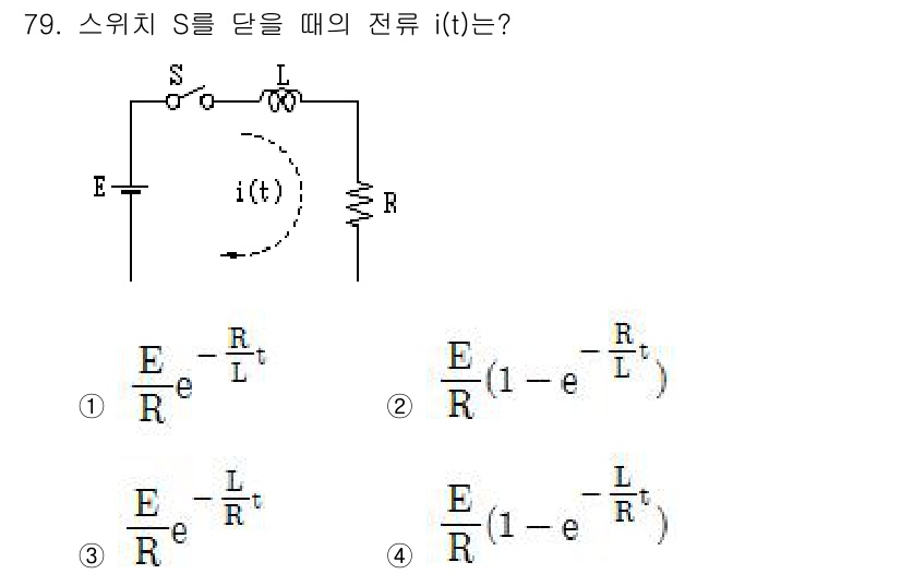 전기공사산업기사 2017년 79번 - 스위치 S를 닫을 때, RL 회로의 전류 i(t)는 시간에 따라 지수적으... 에 관한 핵심 기출문제