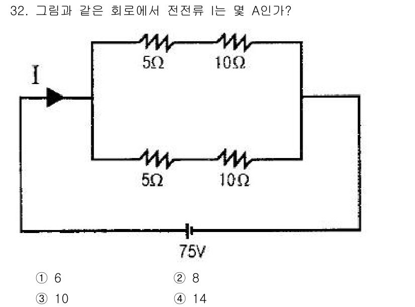소방설비산업기사(전기) 2015년 32번 - 주어진 회로에서 저항을 병렬 및 직렬로 조합하여 전류를 계산합니다. 먼저... 에 관한 핵심 기출문제