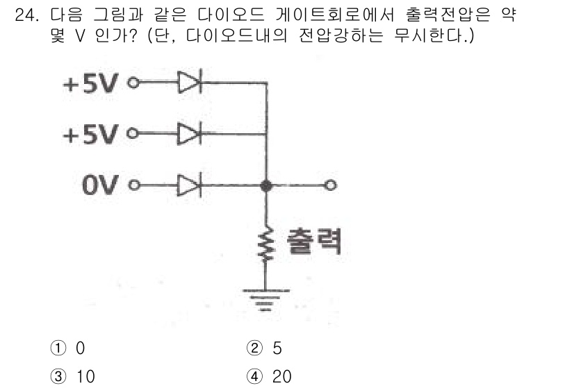 소방설비산업기사(전기) 2017년 24번 - 이번 문제는 다이오드의 전압 강하를 고려하여 출력 전압을 계산하는 것입니... 에 관한 핵심 기출문제