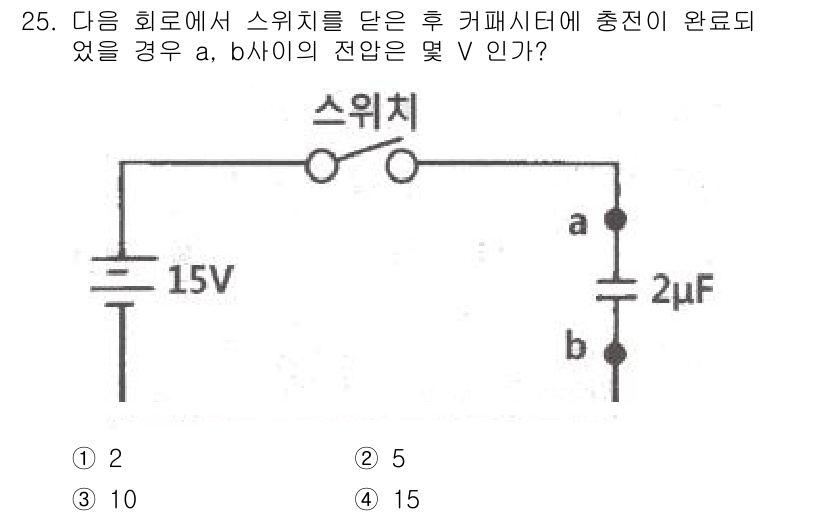 소방설비산업기사(전기) 2017년 25번 - 이 회로에서 스위치를 닫으면 커패시터가 충전되면서 전압 분배가 이루어집니... 에 관한 핵심 기출문제