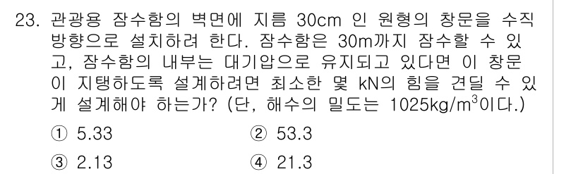 소방설비산업기사(기계) 2017년 23번 - 이 문제는 원형 수조의 수압 및 구조적 설계를 다룹니다. 주어진 조건에 ... 에 관한 핵심 기출문제