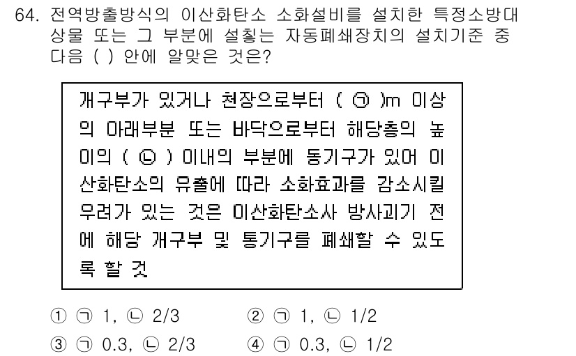 소방설비산업기사(기계) 2017년 64번 - 정답은 1입니다. 역방향식 이산화탄소 소화설비는 특정 소방방재기준에 따라... 에 관한 핵심 기출문제