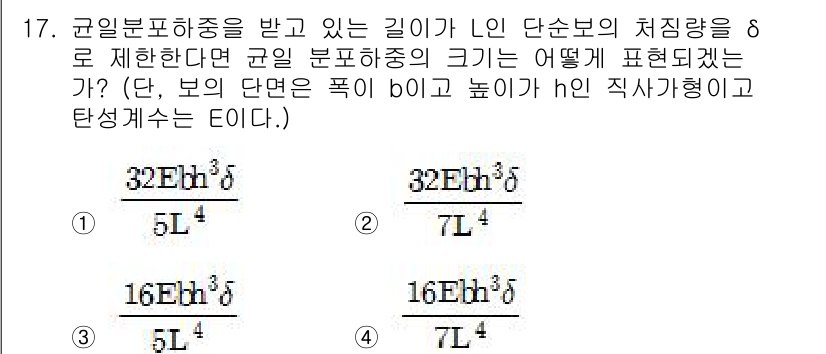 일반기계기사 2016년 17번 - 해설: 주어진 식에서 고정밀 단순보의 경우, 굽힘 분포 하중이 작용할 때... 에 관한 핵심 기출문제