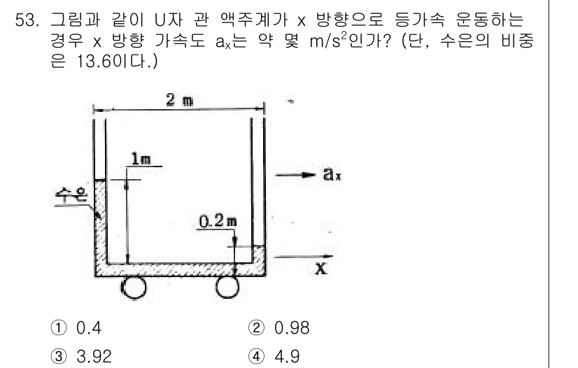 일반기계기사 2016년 53번 - 질문에는 수조 내 액체가 주어져 있으며, 수조의 깊이에 따라 수압이 변합... 에 관한 핵심 기출문제