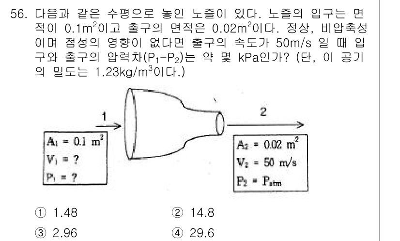 일반기계기사 2016년 56번 - 정답 3(14.8 kPa)인 이유는 유선량 방정식을 사용해 유체의 속도 ... 에 관한 핵심 기출문제