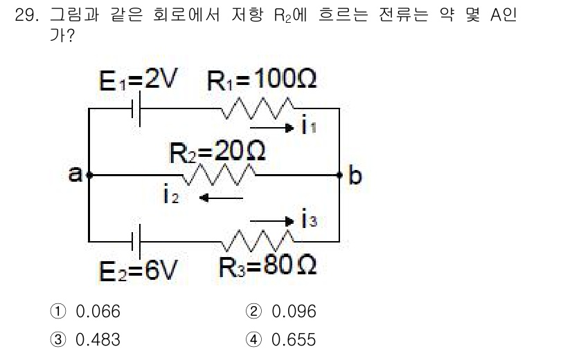 전기기능장 2016년 29번 - 주어진 회로에서 전압원 \(E_1\)과 \(E_2\)의 전압을 통해 전체... 에 관한 핵심 기출문제